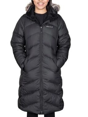 Marmot Montreaux Down Coat Small Black Hooded Puffer Long Winter Jacket Cozy